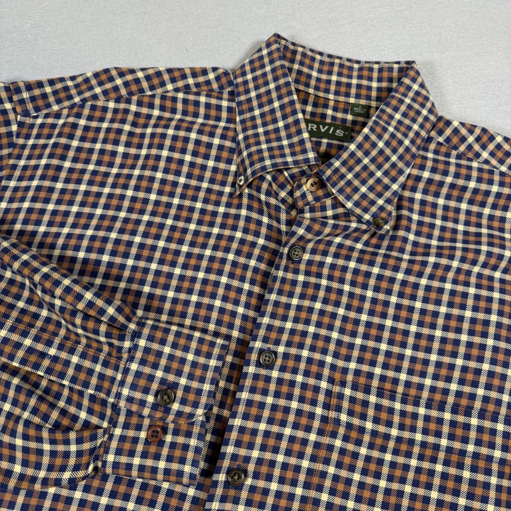 Orvis Button Down Shirt Mens Large Brown Navy Plaid Long Sleeve Cotton